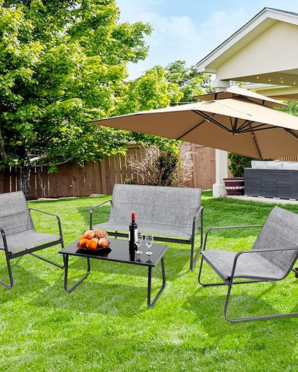 4 Pieces Patio Furniture Set Outdoor Patio Conversation Sets Poolside Lawn Chairs with Glass Coffee Table Porch Furniture for Courtyard, Garden and Balcony (Grey) - LeafyLoom