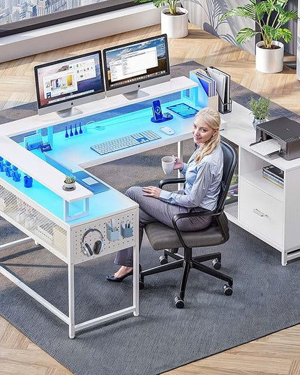 YITAHOME U Shaped Desk, L Shaped Desk with Drawers, Reversible Computer Desk with Power Outlets & LED Lights, Corner Desk Office Desk with Monitor Stand & Storage Shelves, White - LeafyLoom