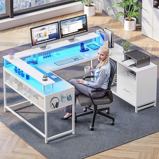 YITAHOME U Shaped Desk, L Shaped Desk with Drawers, Reversible Computer Desk with Power Outlets & LED Lights, Corner Desk Office Desk with Monitor Stand & Storage Shelves, White - LeafyLoom