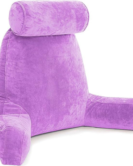 XXL Husband Pillow Light Purple Backrest with Arms - Adult Reading Pillow Shredded Memory Foam, Ultra-Comfy Removable Microplush Cover & Detachable Neck Roll, Unmatched Support Sit Up Bed Chair Pillow - LeafyLoom