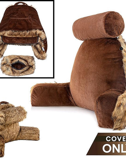 Husband Pillow XXL Cover Only - Limited Baby Brown Bear Backrest Pillowcase Set, 2-Tone Reversible Double Sided Fabulous Faux Fur Reading & Bed Rest, Thick Zippers, 2 Sided Solid Fabric Neck Rolls - LeafyLoom