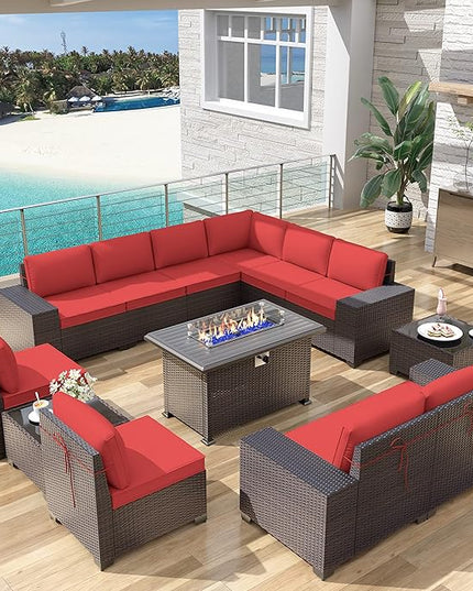 Patio Furniture Sectional Sofa Set 13-Pieces PE Rattan Patio Conversation Set w/43in Gas Fire Pit Table, Outdoor Furniture with 55000 BTU Propane Fire Pit, Red - LeafyLoom
