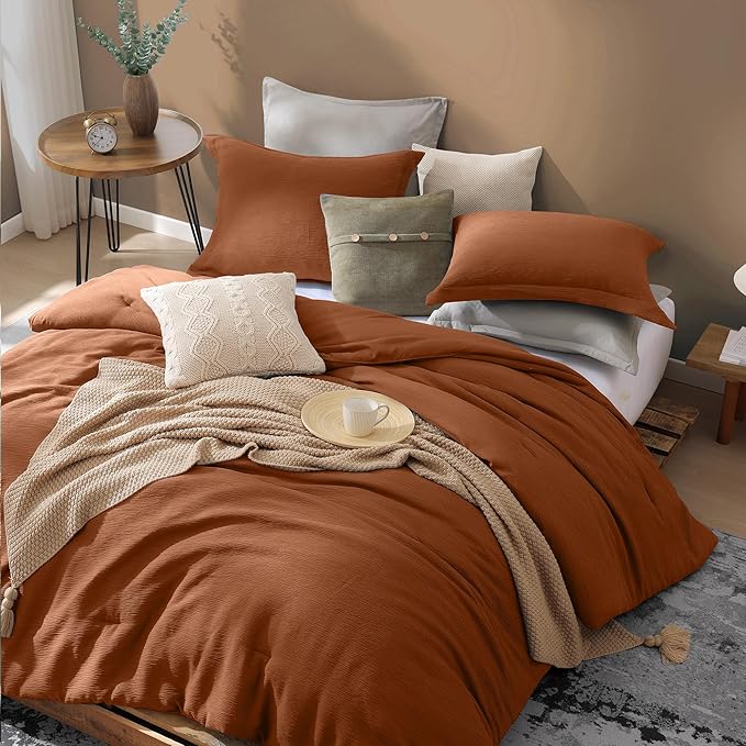 Burnt Orange Queen Comforter Set, Minimalist Lightweight Comforter for Crinkle Design Queen Bed Set, Bedding Queen Size, 3 Piece with Modern Comforter & Shams (Queen, 90"x90") - LeafyLoom