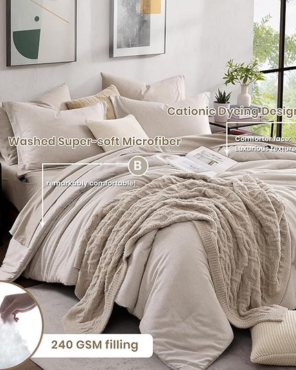 Monbix Full Size Comforter Set, Oatmeal Bedding Comforter for Full Size Bed Set Reversible, Bedding Sets Full 7 Pieces, Cationic Dyeing Bed in a Bag with Comforter, Sheets, Pillowcases & Shams - LeafyLoom