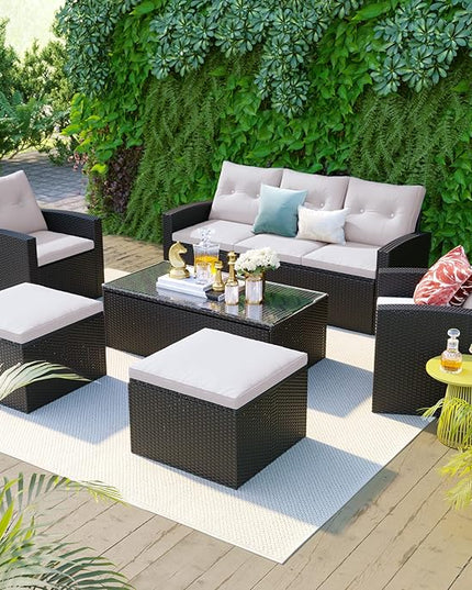 Merax 6 PCS Outdoor Patio Conversation Sets All-Weather PE Sectional Furniture with Coffee Table, Ottomans, Beige - LeafyLoom
