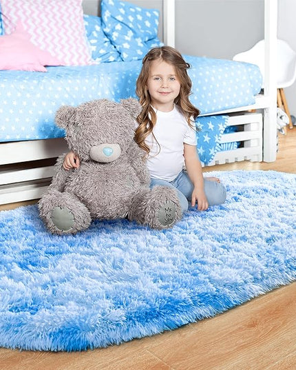 Noahas Oval Fluffy Blue Rainbow Rug 2.6X5.3 Small Kids Rugs for Bedroom Girls And Boys Aesthetic,Bedside Bedroom Rug,Ultra Soft Runner Carpet Modern Shaggy Nursery Area Rugs Home D飯r - LeafyLoom