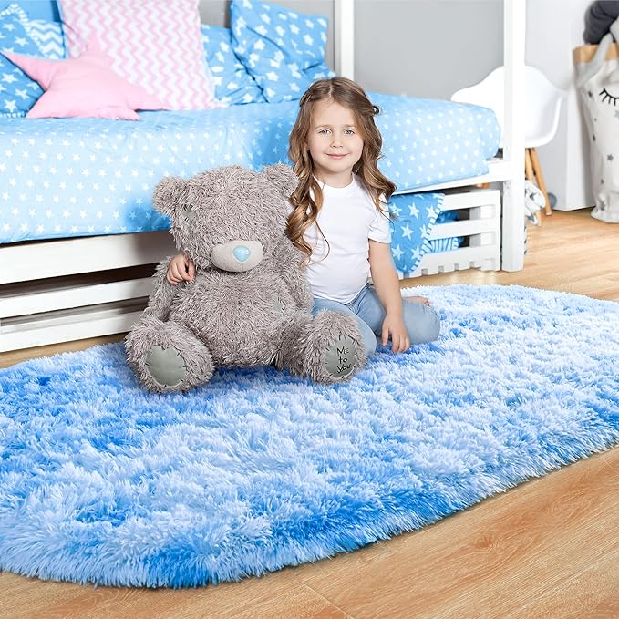 Noahas Oval Fluffy Blue Rainbow Rug 2.6X5.3 Small Kids Rugs for Bedroom Girls And Boys Aesthetic,Bedside Bedroom Rug,Ultra Soft Runner Carpet Modern Shaggy Nursery Area Rugs Home D飯r - LeafyLoom