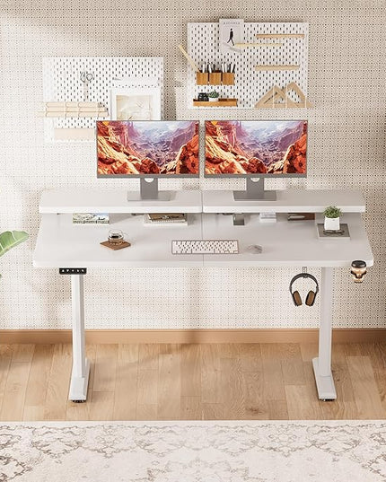 Electric Standing Desk with Monitor Shelf, 55 x 24 Inches Height Adjustable Corner Table, Computer Workstation with Cup Holder and Hook for Home Office, White, 55x24 Inch - LeafyLoom