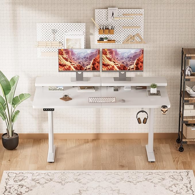 Electric Standing Desk with Monitor Shelf, 55 x 24 Inches Height Adjustable Corner Table, Computer Workstation with Cup Holder and Hook for Home Office, White, 55x24 Inch - LeafyLoom