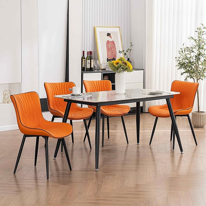 YOUTASTE Dining Chairs Set of 2 Upholstered Mid Century Modern Kitchen Dining Room Chairs Armless Faux Leather Accent Chairs Metal Vanity Lounge Chair with Back for Living Room Bedrooms,Orange - LeafyLoom