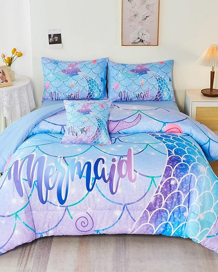 RYNGHIPY 6Pcs Mermaid Tail Comforter Set for Kids Girls, Mermaid Fish Scale Bed in a Bag Twin Size, Sparkle Teal Purple Rainbow Bedroom Decor Bedding Set - LeafyLoom