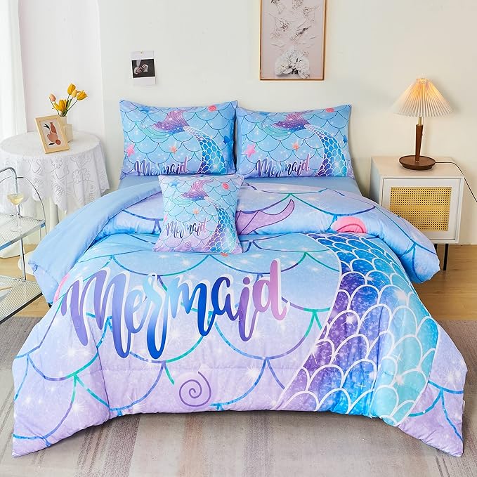 RYNGHIPY 6Pcs Mermaid Tail Comforter Set for Teens Girls Women, Mermaid Fish Scale Bed in a Bag Full Size, Sparkle Teal Purple Rainbow Bedroom Decor Bedding Set - LeafyLoom