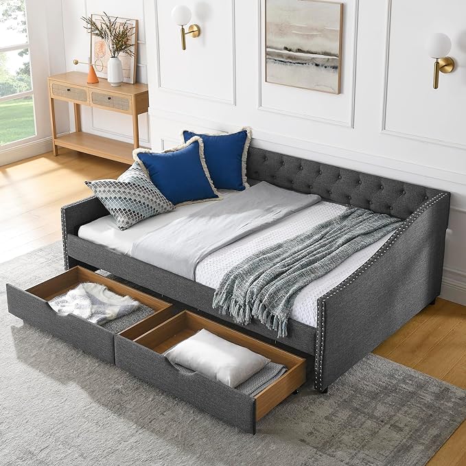 Full Size Daybed with 2 Drawers, Upholstered Tufted Day Bed, with Button Back and Waved Shape Arms, Wood Slat Support, No Spring Box Need, for Bedroom, Livingroom - LeafyLoom
