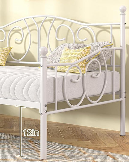 VECELO Twin Daybed Frame, Metal Day Bed with Classic Headboard, Multifunctional Platform Beds for Bedroom, Living Room, Guest Room, No Boxing Spring Needed, White - LeafyLoom