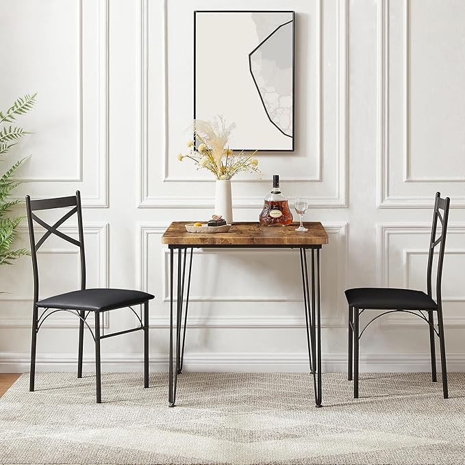 VECELO Kitchen Dining Room Table 2 Chairs for Small Space, Apartment,Metal Steel Frame, 3-Piece Set, Brown - LeafyLoom