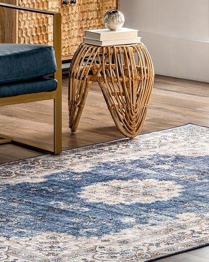 nuLOOM Ren Vintage Floral Machine Washable Ultra Thin Area Rug, 8x10, Blue - LeafyLoom