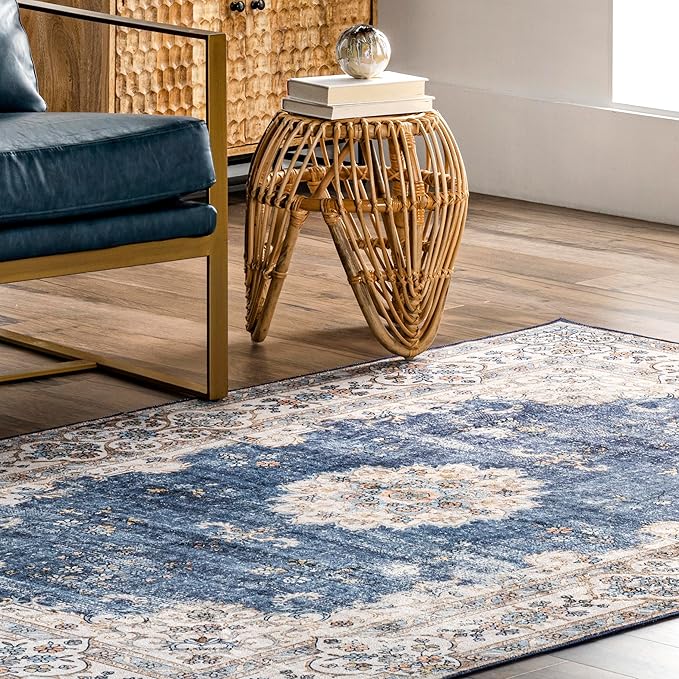nuLOOM Ren Vintage Floral Machine Washable Ultra Thin Area Rug, 8x10, Blue - LeafyLoom