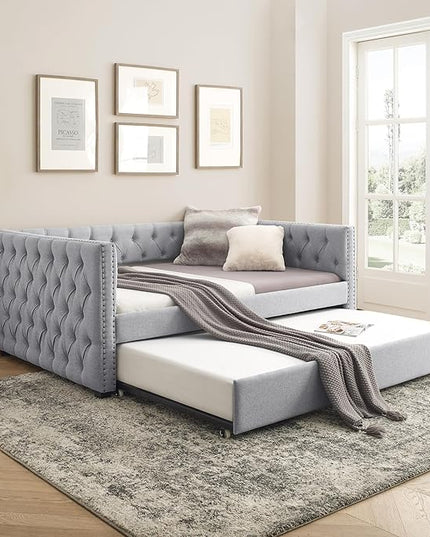 Linen Upholstered Full Size Daybed with Twin Trundle, Solid Wooden Bed Frame w/Button Tufted and Copper Nail on Square Arms, No Spring Box Need, for Kids, Bedroom, Dorm - LeafyLoom