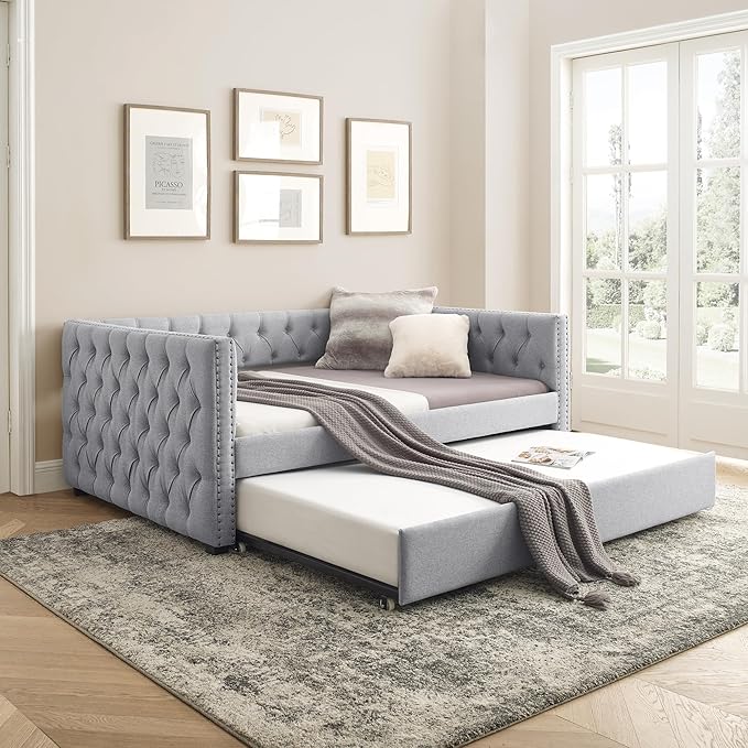 Linen Upholstered Full Size Daybed with Twin Trundle, Solid Wooden Bed Frame w/Button Tufted and Copper Nail on Square Arms, No Spring Box Need, for Kids, Bedroom, Dorm - LeafyLoom