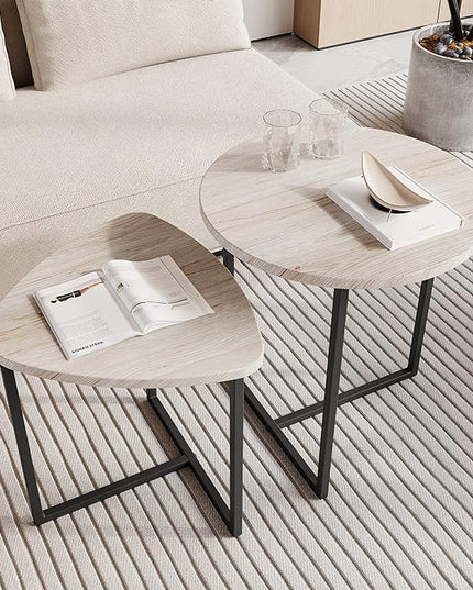 Round Coffee Table Set of 2 End Tables for Living Room,Black Small Coffee Table Living Room Table,Metal Frame & Wood Look,Sturdy and Easy Assembly,Stacking Side Tables Bedroom,White - LeafyLoom