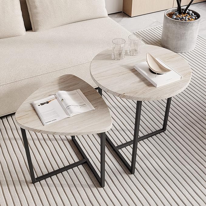 Round Coffee Table Set of 2 End Tables for Living Room,Black Small Coffee Table Living Room Table,Metal Frame & Wood Look,Sturdy and Easy Assembly,Stacking Side Tables Bedroom,White - LeafyLoom
