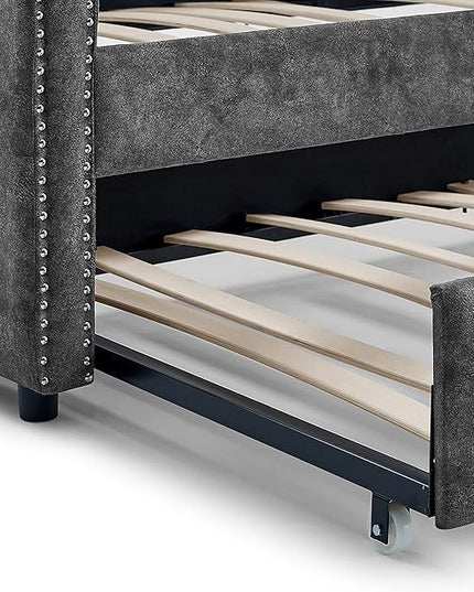 Upholstered Twin Size Daybed with Twin Trundle, Solid Wooden Sofa Bed Frame w/Button Tufted and Copper Nail on Square Arms, No Spring Box Need，Grey - LeafyLoom