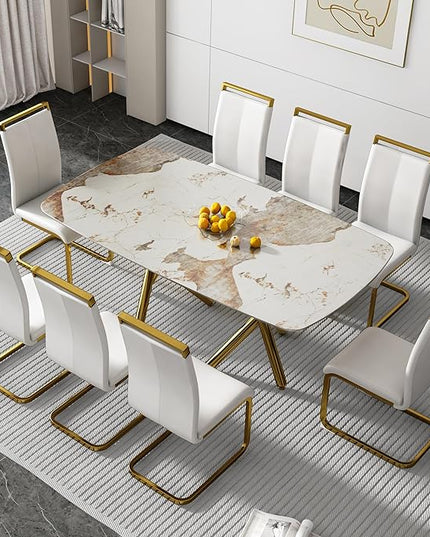 NicBex Modern Minimalist Rectangular Dining Table with A 0.39-Inch Imitation Marble Tabletop and Gold-Plated Metal Legs for Kitchen Dining Living Meeting Room Banquet Hall, White Marble + Gold - LeafyLoom