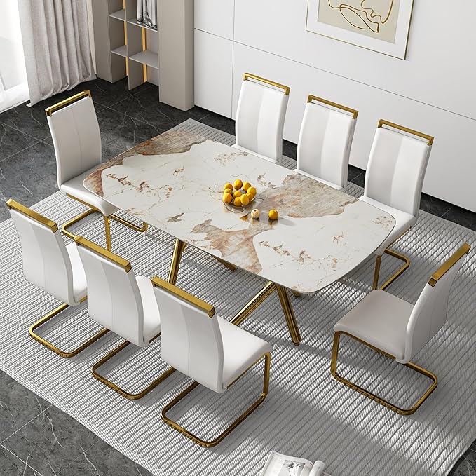 NicBex Modern Minimalist Rectangular Dining Table with A 0.39-Inch Imitation Marble Tabletop and Gold-Plated Metal Legs for Kitchen Dining Living Meeting Room Banquet Hall, White Marble + Gold - LeafyLoom
