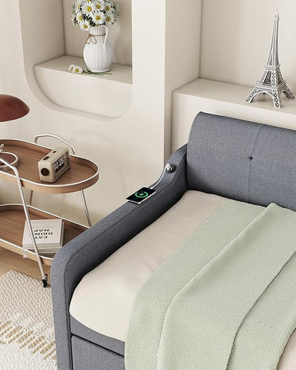 Twin Size Daybed Frame with Pop-up Trundle,Upholstered Day Bed Twin with Charging Station,Wood Sofa Bed Frame with USB for Bedroom,Living Room,Guest(Twin,Gray) - LeafyLoom
