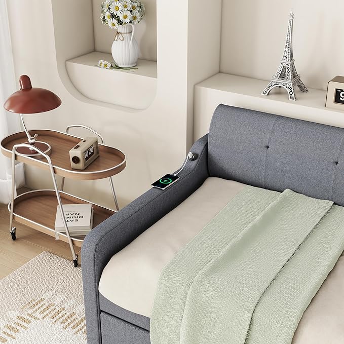 Twin Size Daybed Frame with Pop-up Trundle,Upholstered Day Bed Twin with Charging Station,Wood Sofa Bed Frame with USB for Bedroom,Living Room,Guest(Twin,Gray) - LeafyLoom