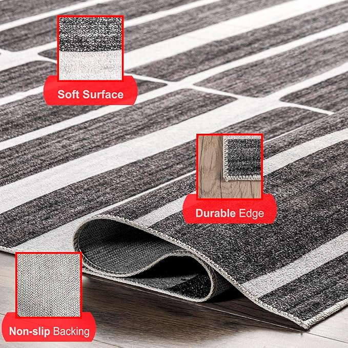 nuLOOM Henry Contemporary Striped Machine Washable Ultra Thin Area Rug, 5' x 8', Charcoal - LeafyLoom
