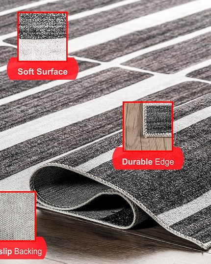 nuLOOM Henry Contemporary Striped Machine Washable Ultra Thin Area Rug, 8x10, Charcoal - LeafyLoom