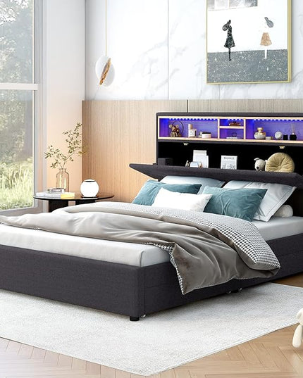 Full Size Bed Frame with LED Headboard, USB Charging, Upholstered Platform Bed with Storage Drawers and Headboard, No Box Spring Needed, Dark Gray - LeafyLoom