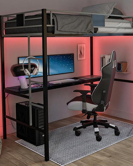 DHP Screen Loft Metal Bunk Bed with Desk and Ladder, Space-Saving Design, Silver Twin - LeafyLoom