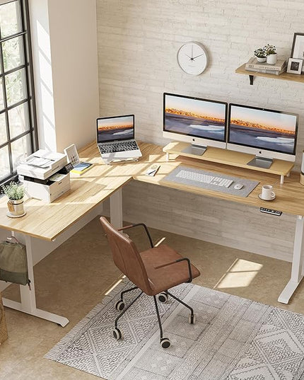 FEZIBO 75 Inches Triple Motor L Shaped Standing Desk Reversible, Electric Height Adjustable Corner Stand up Desk, Sit Stand Desk Computer Workstation, White Frame/Natural Top - LeafyLoom