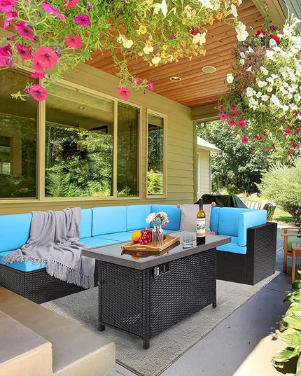 Pamapic 8 Pieces Patio Conversation Sets with fire Pit, Patio Furniture Sectional Sofa with Gas Fire Pit Table(Black Wicker,Blue Cushions) - LeafyLoom