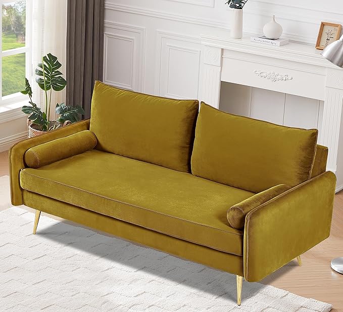 Kent Modern Sofa, European Style Velvet Living Room Furniture with Tapered Legs, Vintage Flair, and Sleek Design, Greenish Yellow - LeafyLoom