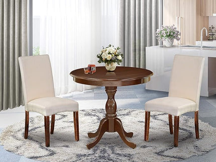 East West Furniture Antique 3 Piece Dinette Set for Small Spaces Contains a Round Kitchen Table with Pedestal and 2 Cream Linen Fabric Parson Dining Chairs, 36x36 Inch, Mahogany - LeafyLoom