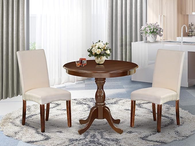 East West Furniture Antique 3 Piece Dinette Set for Small Spaces Contains a Round Kitchen Table with Pedestal and 2 Cream Linen Fabric Parson Dining Chairs, 36x36 Inch, Mahogany - LeafyLoom