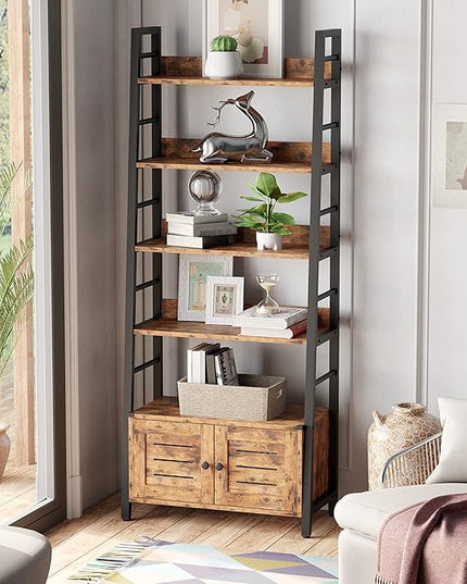 IRONCK Bookshelf with Louvered Doors, 4-tier Ladder Shelf with Cabinet Industrial Accent Furniture for Bedroom Living Room Home Office, Rustic Brown - LeafyLoom