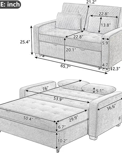 3 in 1 Multi-Functional Pull Out Sofa Bed , Velvet Upholstered Convertible Sleeper Loveseat Couch Guest Daybed with Adjustable Backrest and Dual USB Charging Port for Living Room Office RV Furniture - LeafyLoom