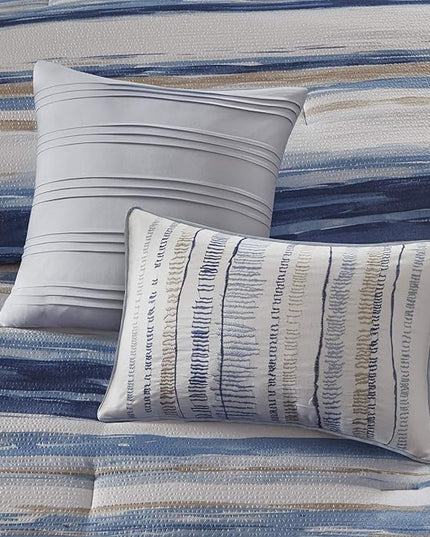 Madison Park Marina Comforter Quilt Combo Set - Modern Luxury Design, All Season Down Alternative Bedding, Matching Shams, Decorative Pillows, Full/Queen(90"x90"), Seersucker Blue 8 Piece - LeafyLoom