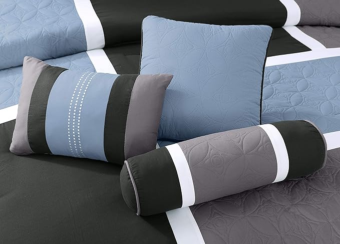 Chezmoi Collection Upland 7-Piece Quilted Patchwork Comforter Set, Gray/Light Blue/Charcoal, California King - LeafyLoom