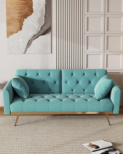 Velvet Upholstered Modern Convertible Futon Couch Bed, Adjustable Folding Sofa Bed Recliner Lounge Loveseat Daybed Sofacama with Adjustable Backrest and Golden Legs for Small RV Living Room Office - LeafyLoom