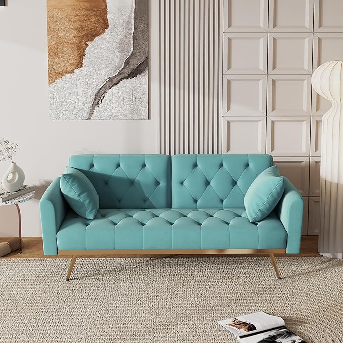 Velvet Upholstered Modern Convertible Futon Couch Bed, Adjustable Folding Sofa Bed Recliner Lounge Loveseat Daybed Sofacama with Adjustable Backrest and Golden Legs for Small RV Living Room Office - LeafyLoom