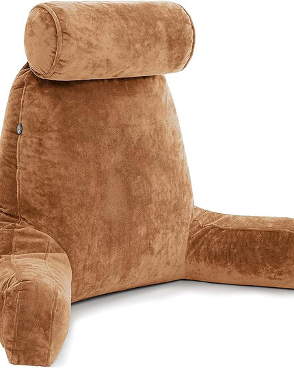 Husband Pillow XXL Tan Backrest with Arms - Adult Reading Pillow Shredded Memory Foam, Ultra-Comfy Removable Microplush Cover & Detachable Neck Roll, Unmatched Support for Bed Rest Sit Up Pillow - LeafyLoom