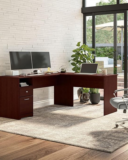 Bush Furniture L Shaped Desk with Drawers for Executive and Home Office | Cabot Collection Corner Table with Storage and Chrome Hardware Return, 72W, Harvest Cherry - LeafyLoom