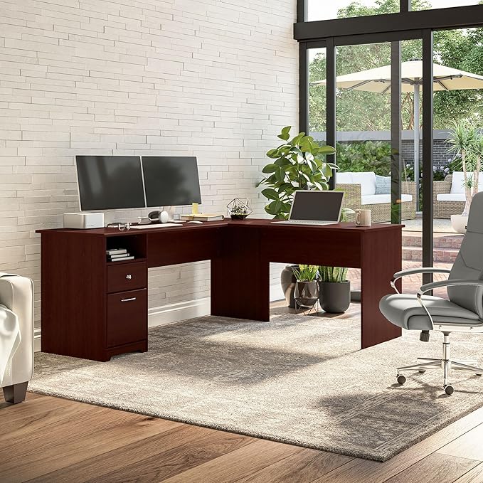 Bush Furniture L Shaped Desk with Drawers for Executive and Home Office | Cabot Collection Corner Table with Storage and Chrome Hardware Return, 72W, Harvest Cherry - LeafyLoom