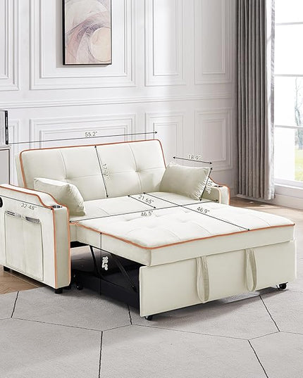 3-in-1 Velvet Upholstered Sofabed Tufted Futon Loveseat Sofa Convertible Sleeper Couch Bed with Cupholders and USB Charging Ports,Modern 2-Seaters Love Seat Daybed for Living Room, 55.2", Beige1 - LeafyLoom