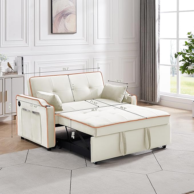 3-in-1 Velvet Upholstered Sofabed Tufted Futon Loveseat Sofa Convertible Sleeper Couch Bed with Cupholders and USB Charging Ports,Modern 2-Seaters Love Seat Daybed for Living Room, 55.2", Beige1 - LeafyLoom